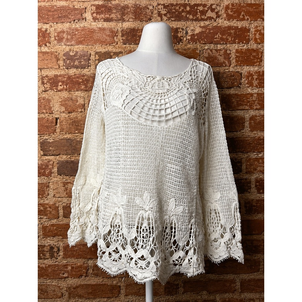 Y2K Ivory Crochet Lace Floral Long Sleeve Top M Boho Festival Costal Layering